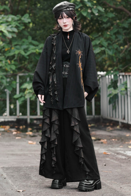 Loose Black Lace Trim Embroidery Tassel Cardigan