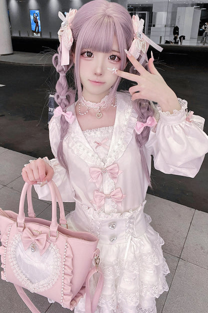 Sailor Collar Long-Sleeve Shirt and Tiered Skirt Set-Up