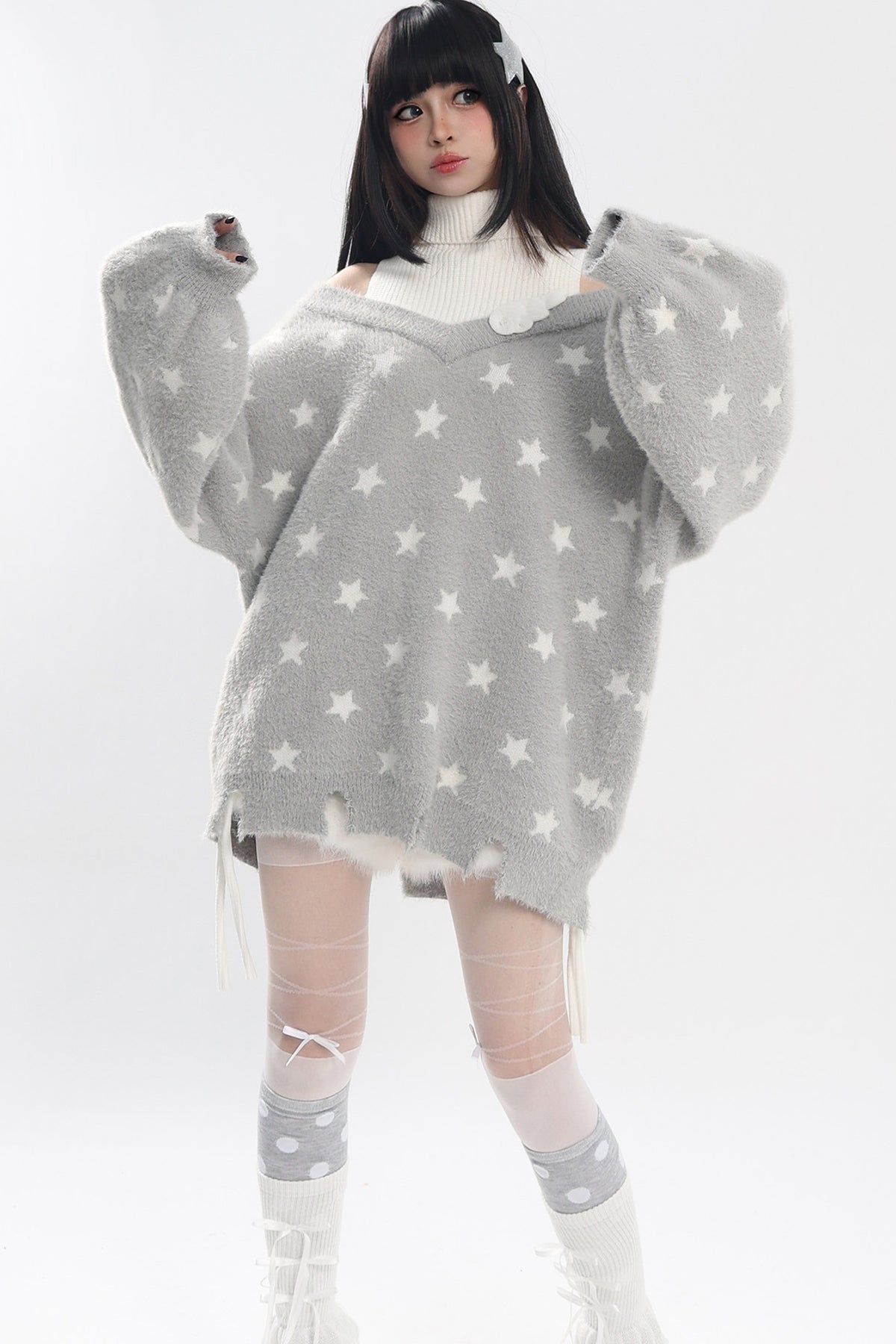 Star Off-Shoulder Layered-Look Sweater