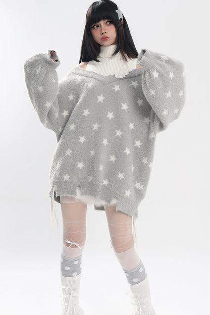 Star Off-Shoulder Layered-Look Sweater