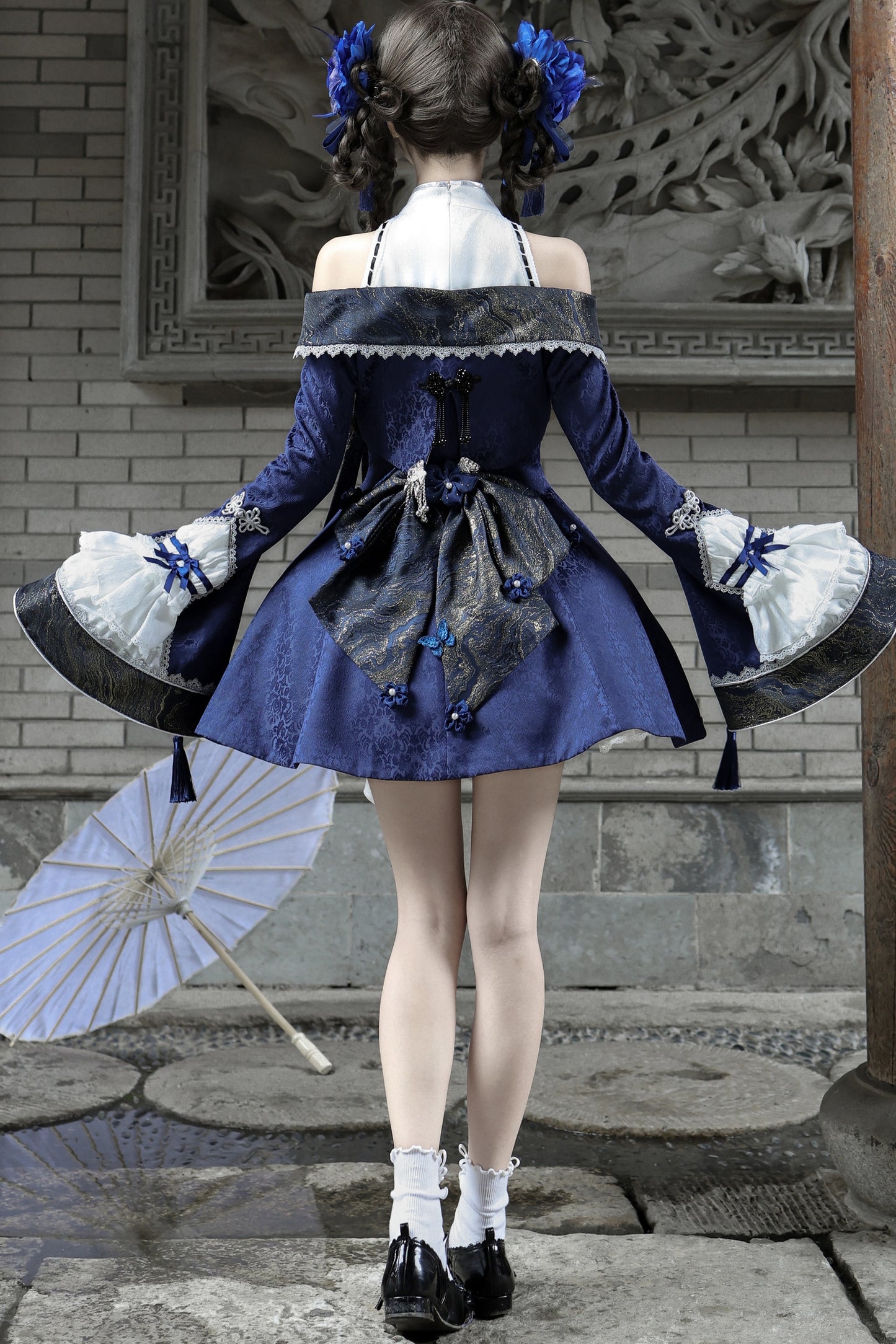 [Reservierungsschluss 109] Dunkelblaue und weiße Gothic-Chinese-Lolita-Accessoire-Serie mit gesticktem neunschwänzigem Fuchs