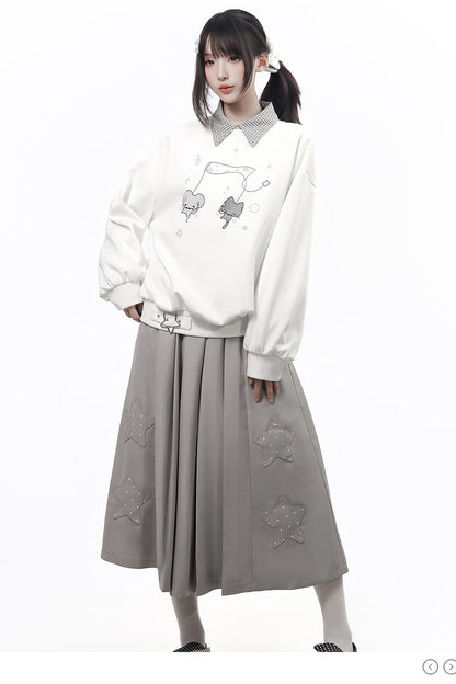 Star Plaid Shawl Sweatshirt Skirt Set-Up