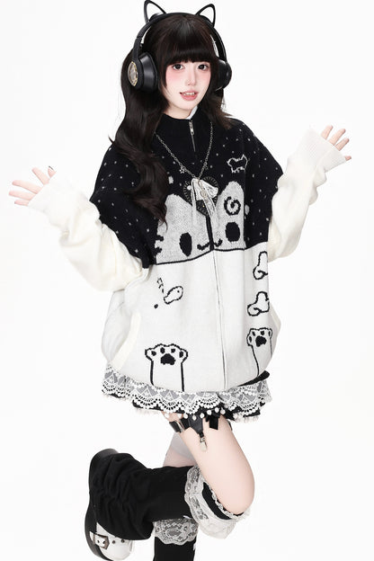 Cat Themed Color-Block Knit Cardigan