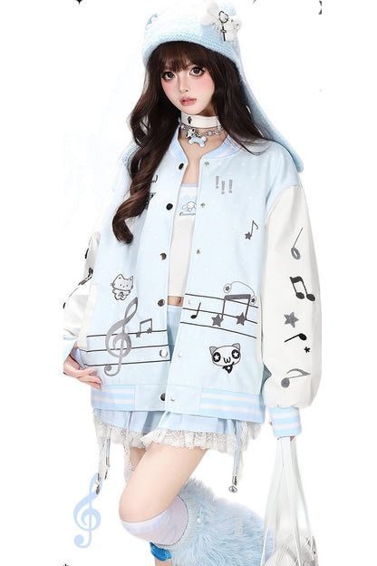 Musical Note Kitten Embroidery Baseball Jacket