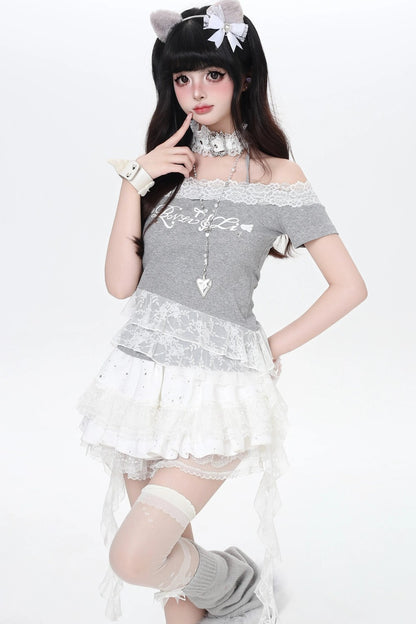 Lace Ribbon One-Shoulder Top