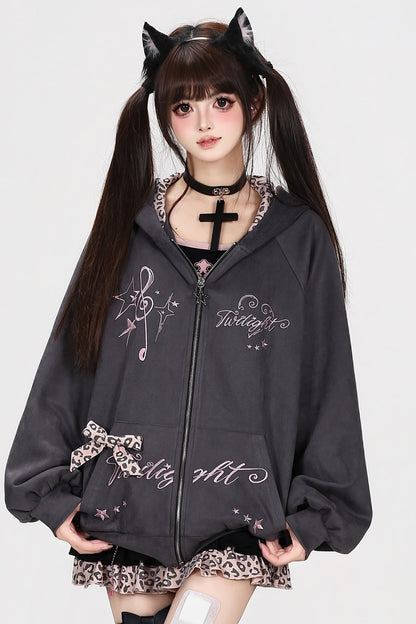 Leopard Musical Note Embroidery Hooded Jacket