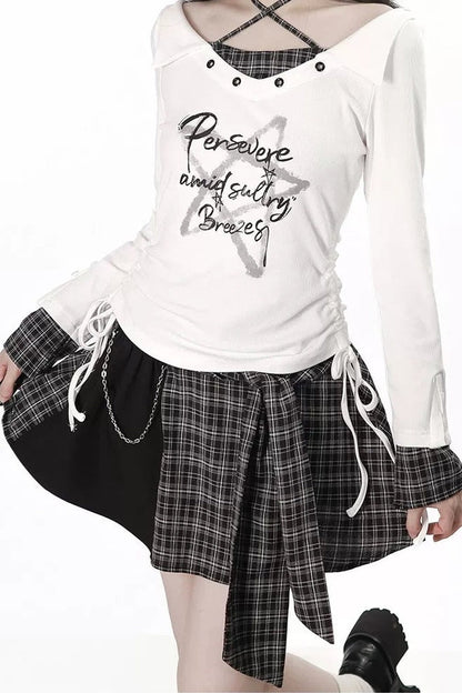 Irregular Plaid Layered-Look Dress With Top and Skirt Set-Up