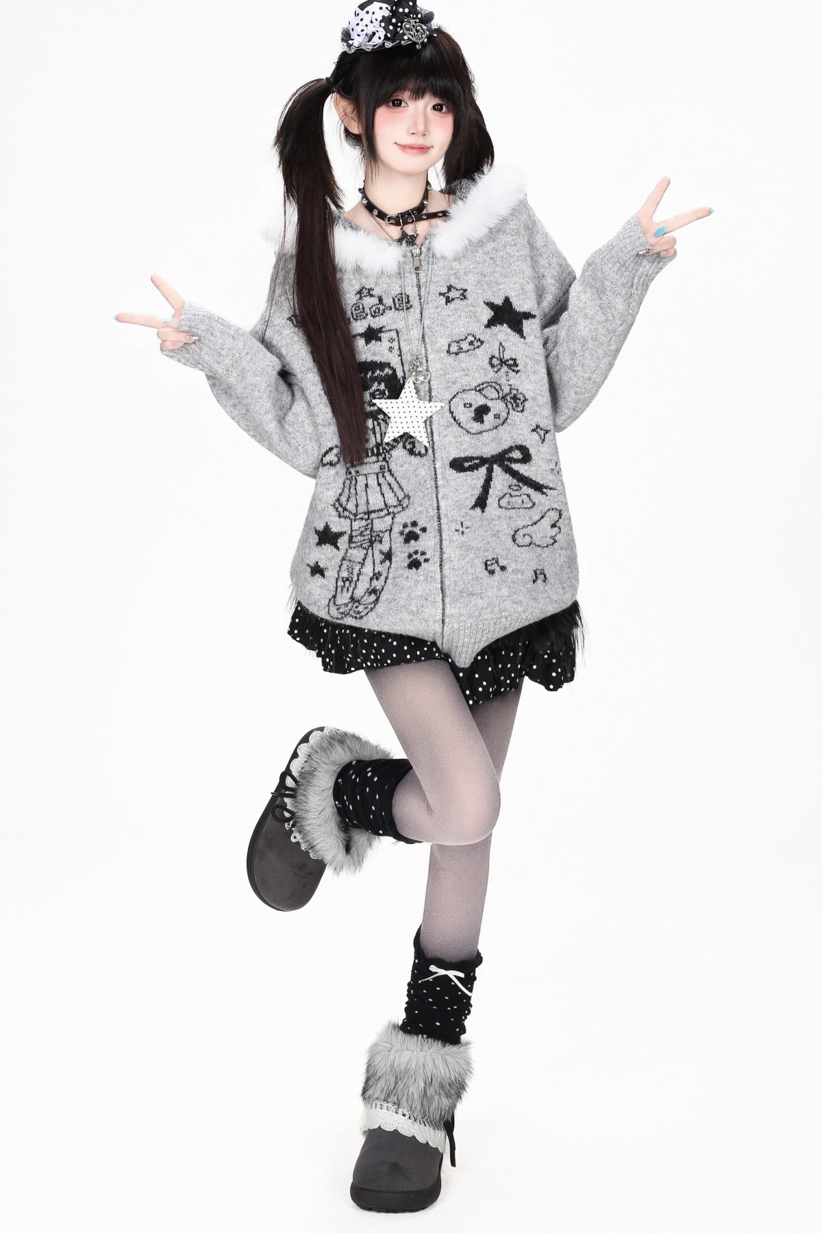 Veste en fourrure zippée à imprimé fille anime