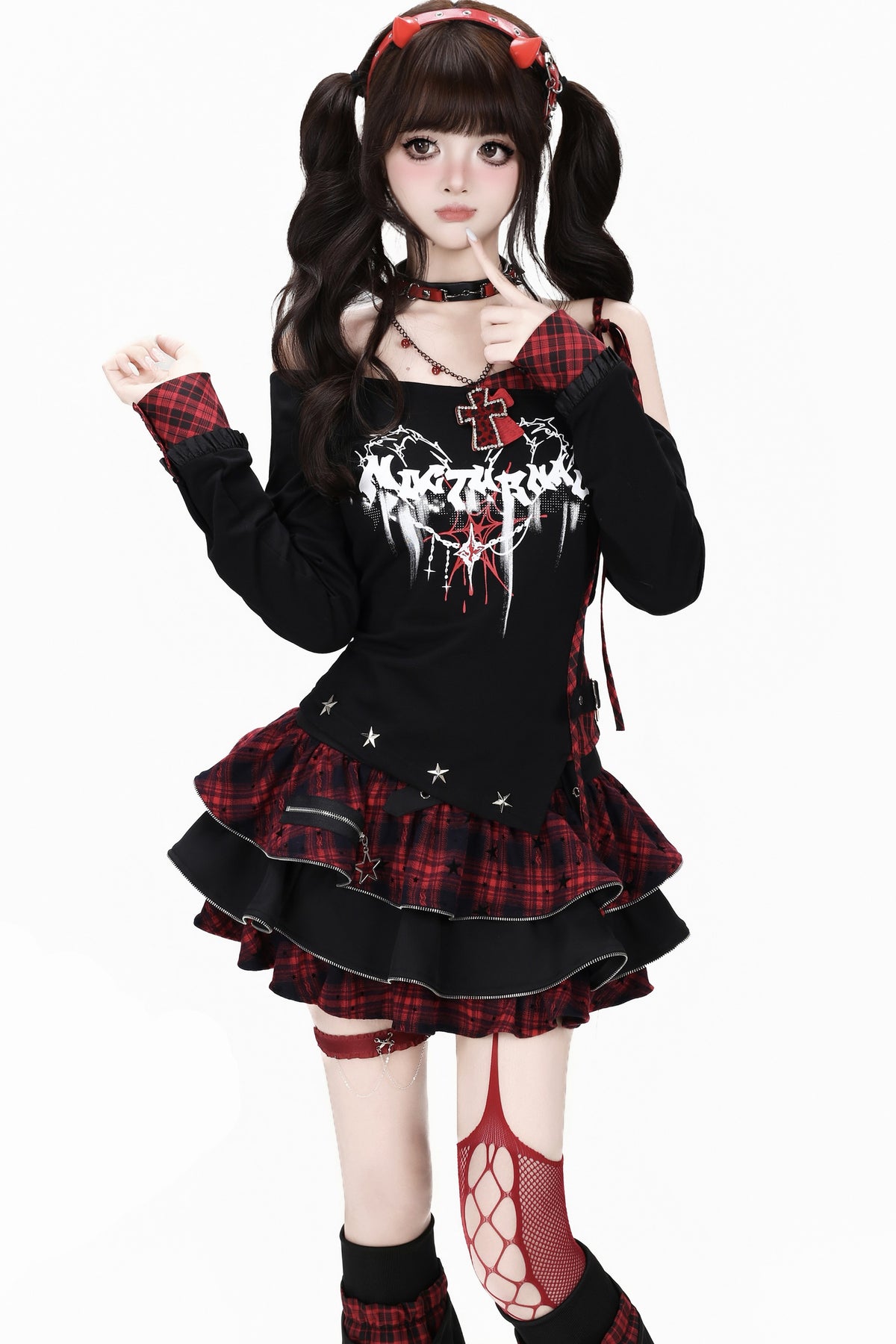Asymmetrical Plaid Tie-Up Long Sleeve T-Shirt Set-Up