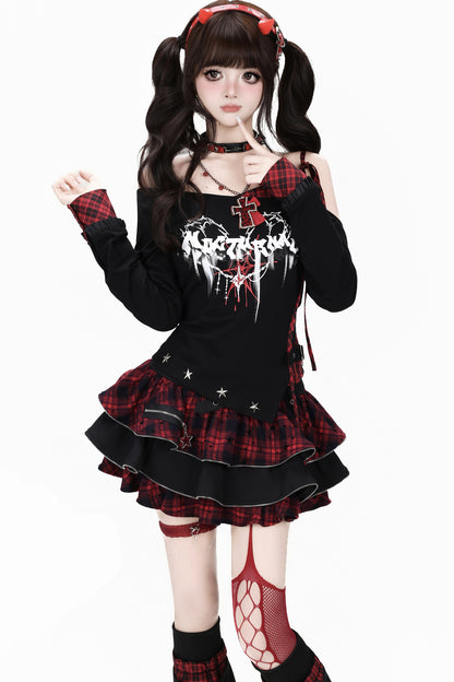 Asymmetrical Plaid Tie-Up Long Sleeve T-Shirt Set-Up