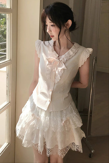 Loose Peach Textured Plaid Doll Shirt And Lace Dress Set-Up