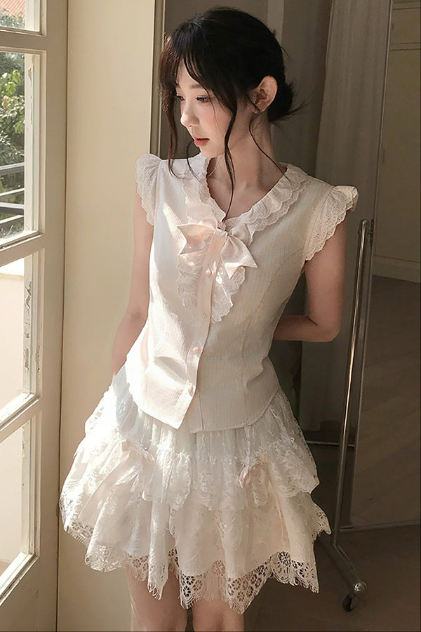 Loose Peach Textured Plaid Doll Shirt And Lace Dress Set-Up