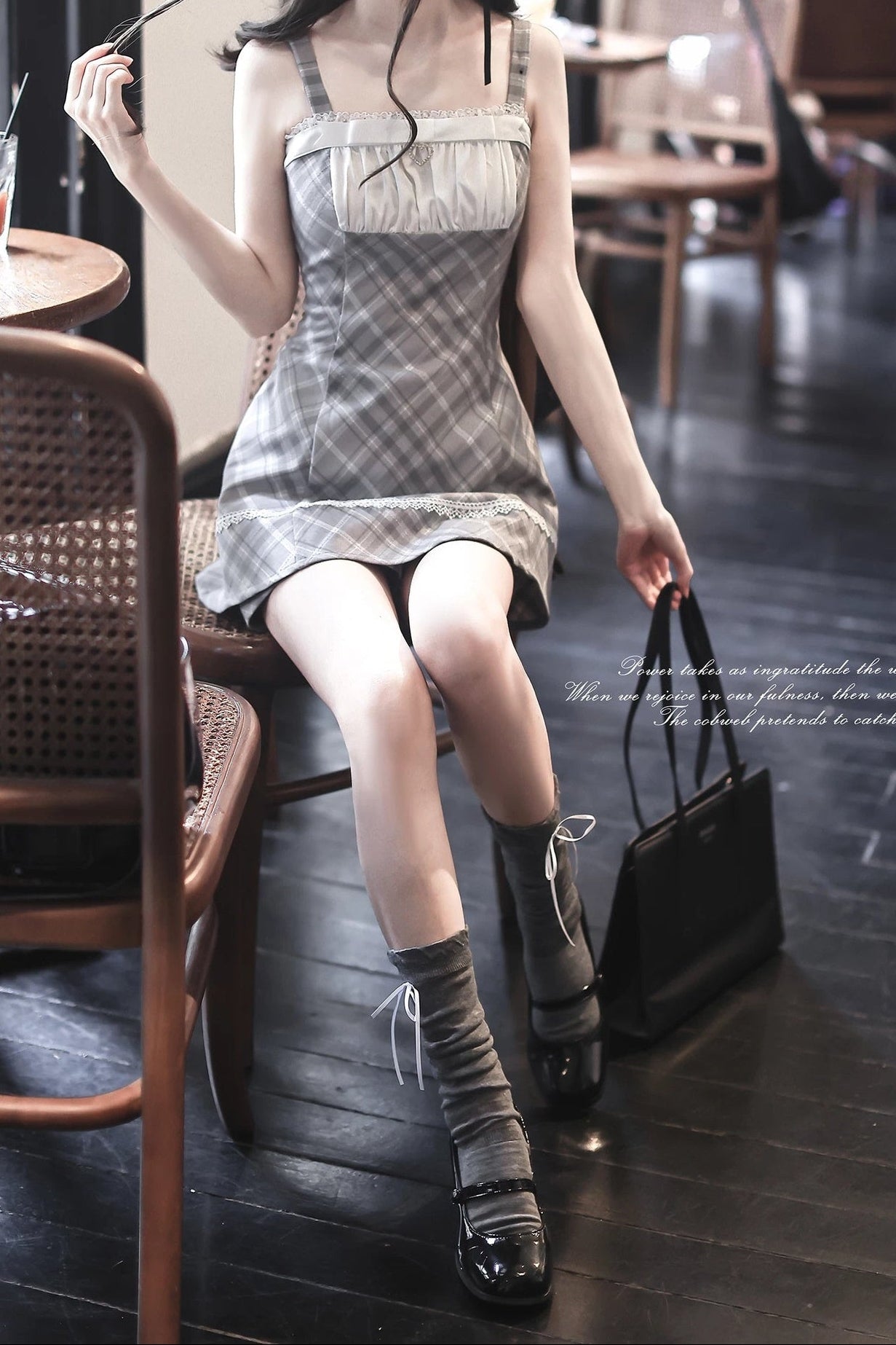 Knit Cardigan And Plaid Suspender Dress Set-Up