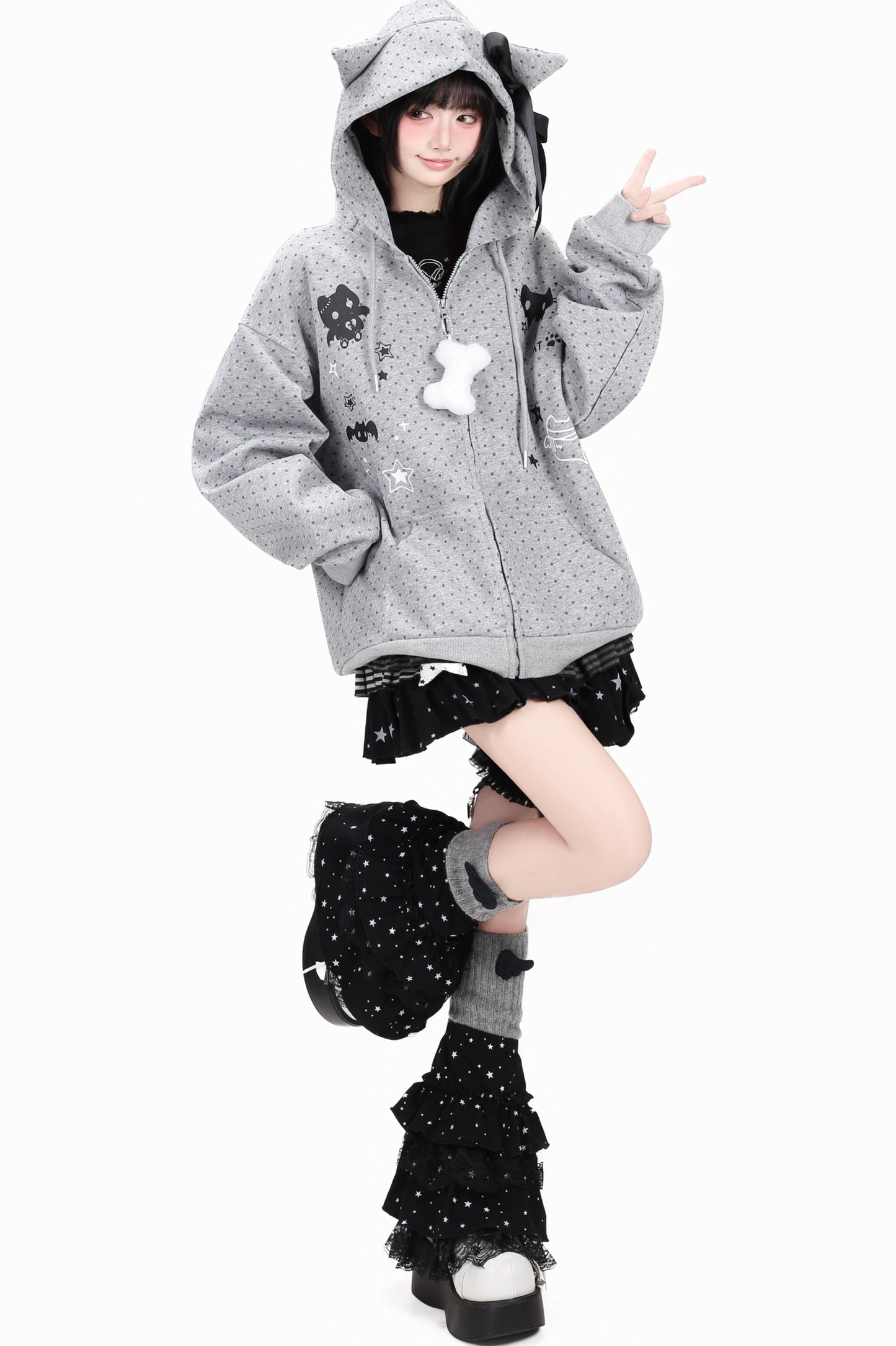 3D-Katzenohren-Kapuzenjacke mit Polka-Dots