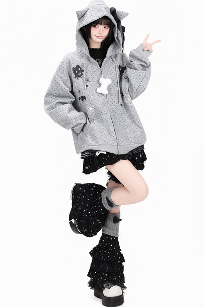 3D-Katzenohren-Kapuzenjacke mit Polka-Dots