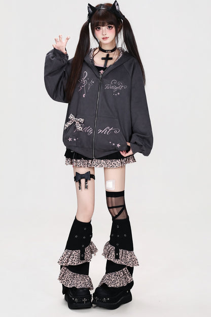 Leopard Musical Note Embroidery Hooded Jacket