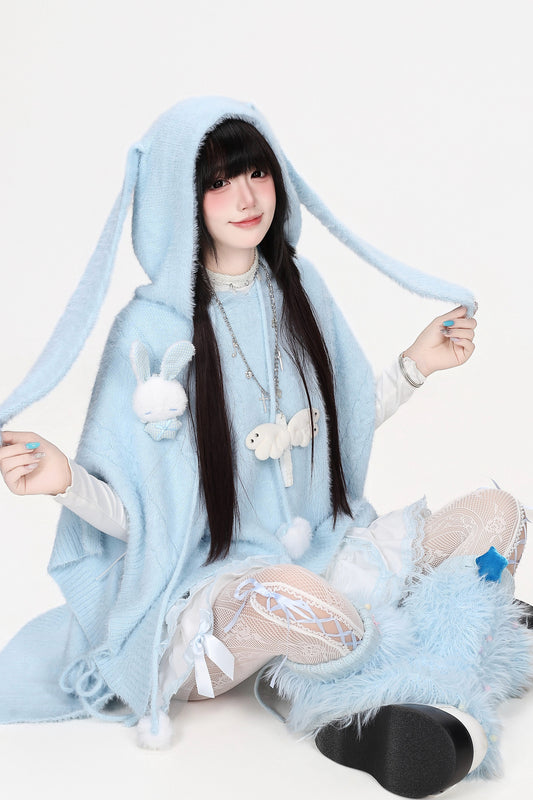 Hooded Bunny Faux Mink Knit Cape