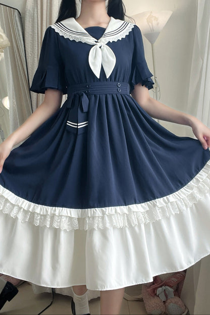 College-Style Ribbon Sailor Collar Flared Dress