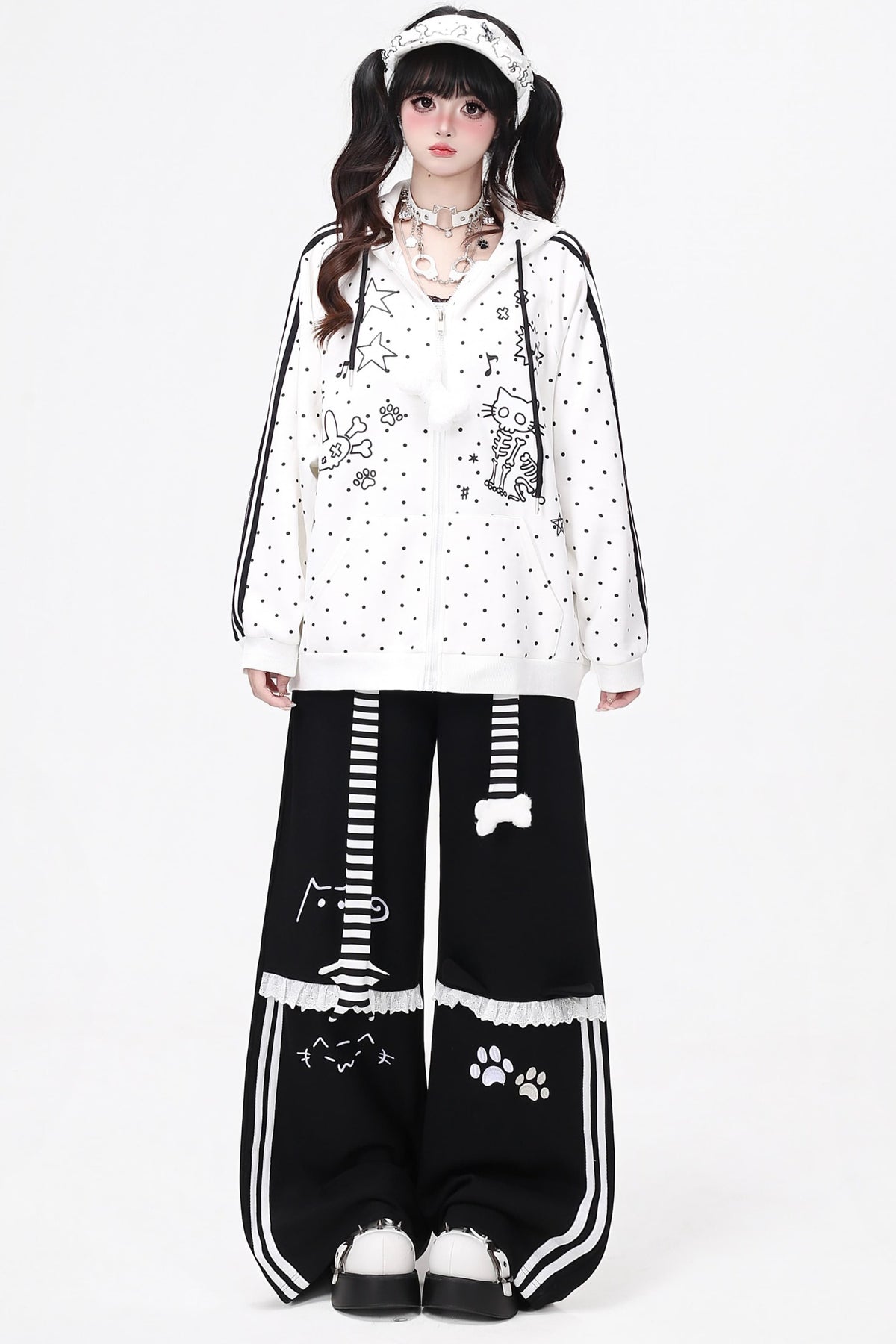Skull Cat Ear Polka Dot Hooded Jacket