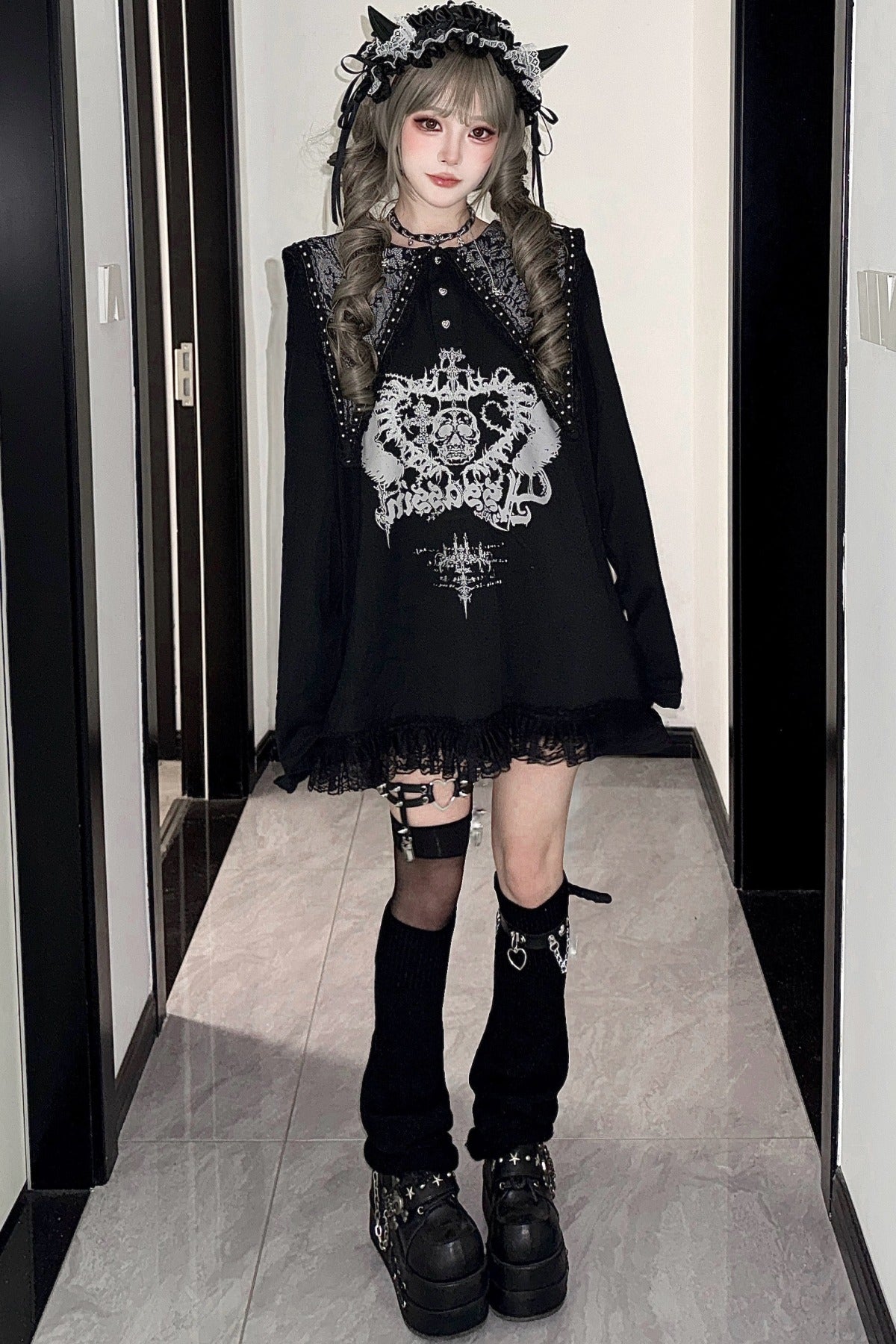 Skull Print Long Sleeve Dress