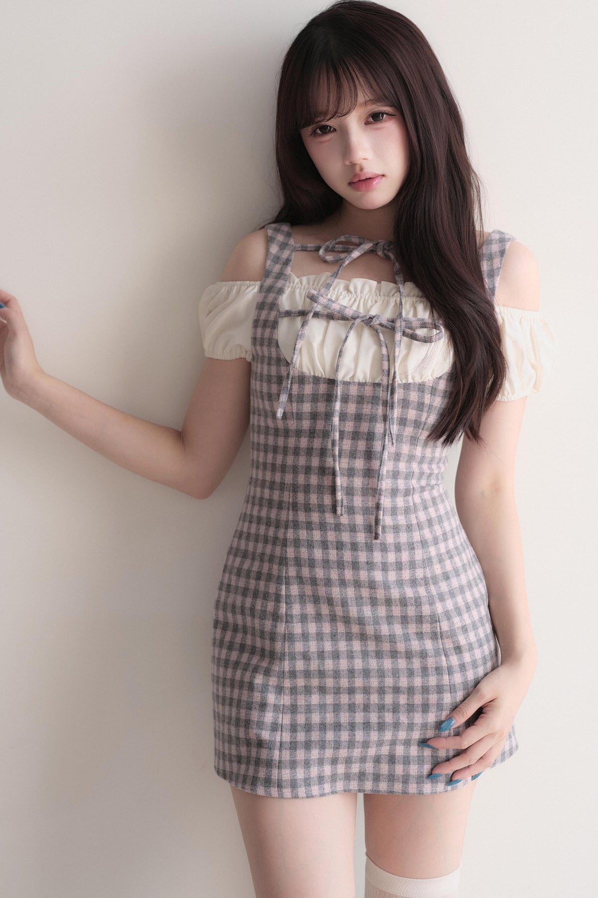 Small Checkered Off-Shoulder Tie Dress