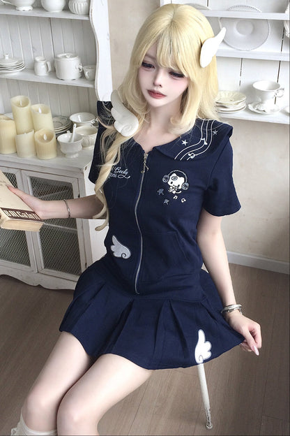 Collar Zipper Cardigan and Pleated Skirt Set-Up