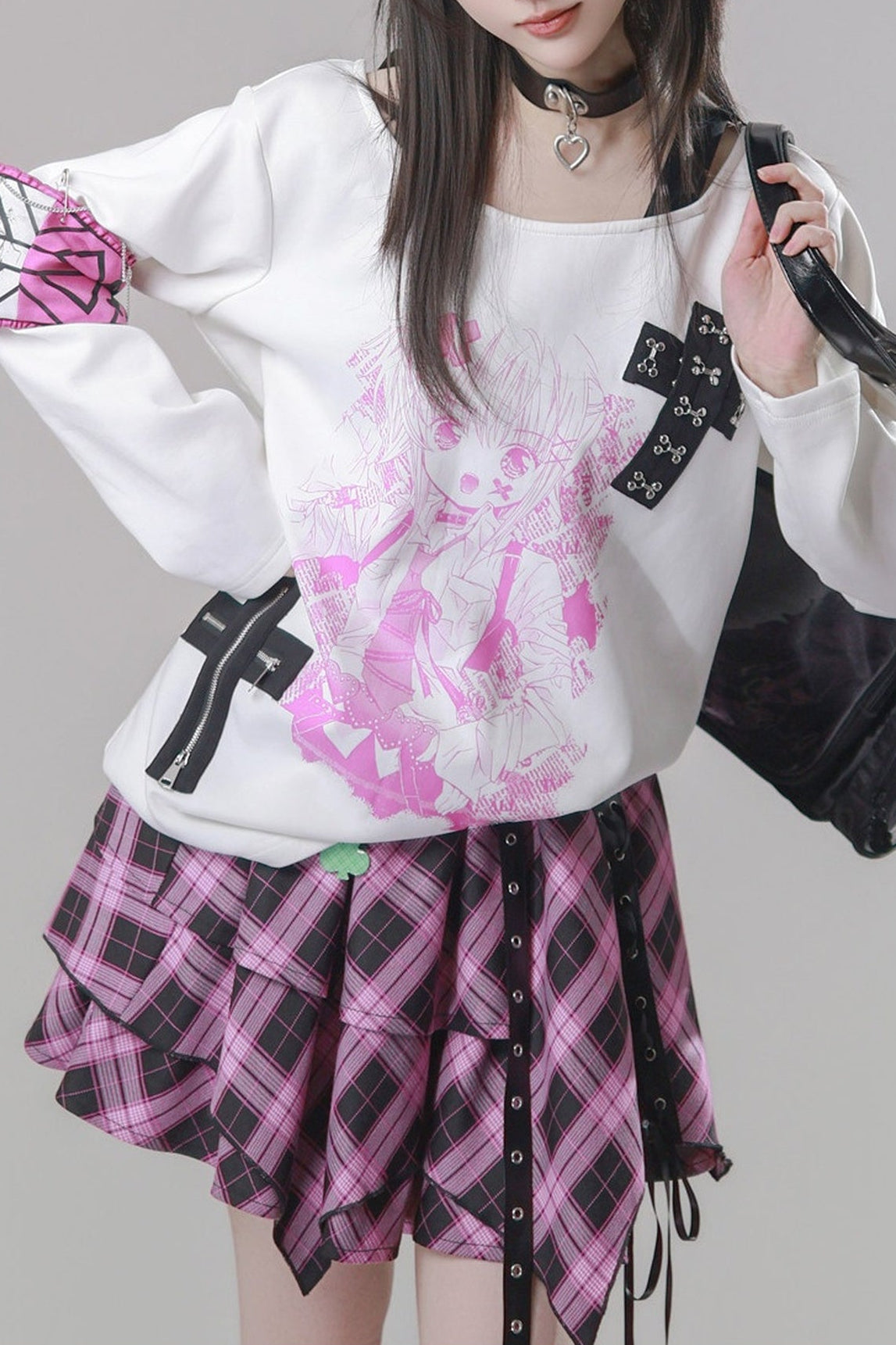Pink Plaid Chain Tiered Skirt