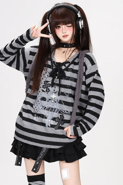 Strappy V-Neck Striped Pullover Sweater