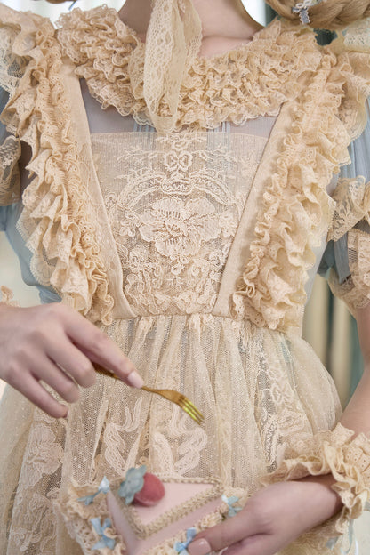 Cream Beige Doll-Like Lace Apron Dress