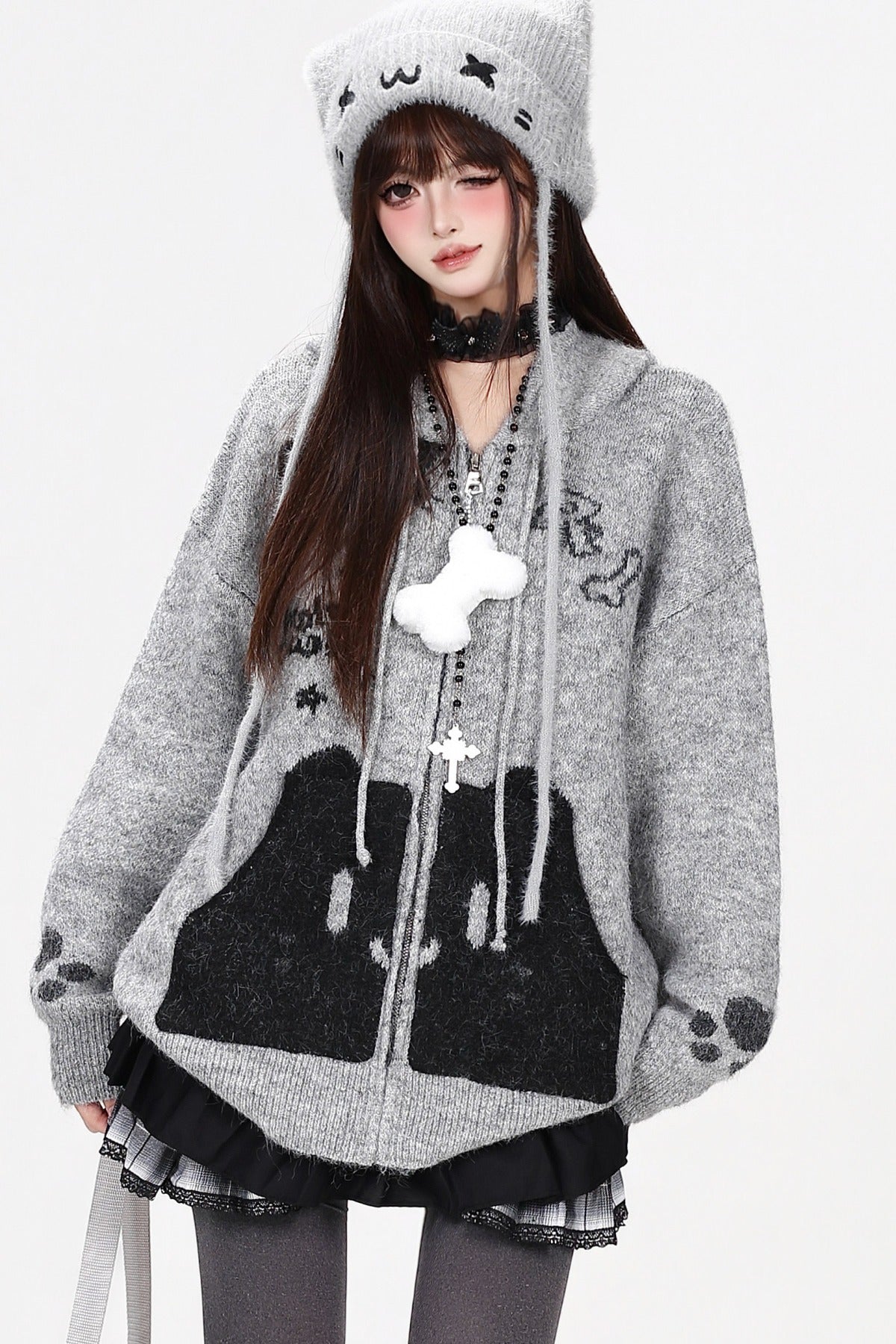 Cardigan en maille à capuche avec poche chat gris