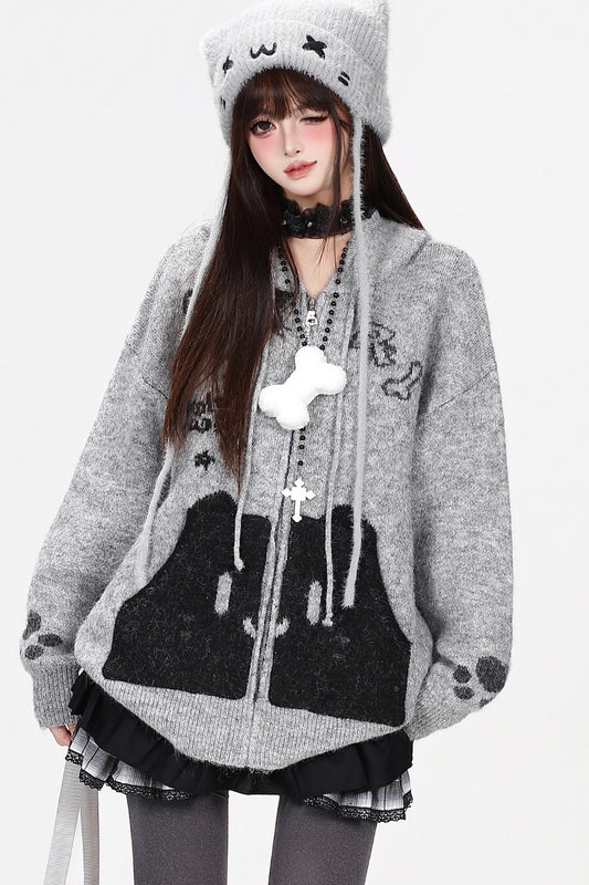 Gray Cat Pocket Hooded Knit Cardigan