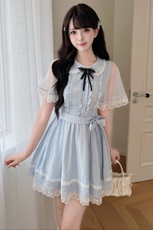 Sheer Cape Lace Waist-Cinching Blue Dress