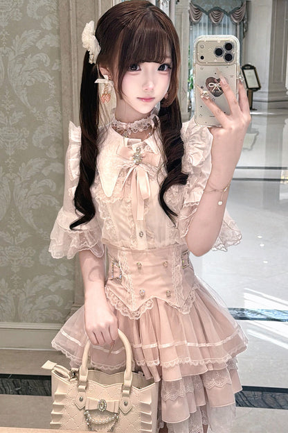 Cherry Short-Sleeved Lace Collar Shirt and Skirt Set-Up