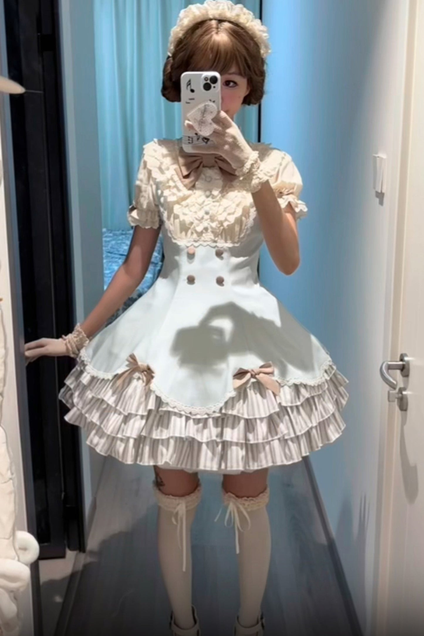 Lace Stand Collar Petal Hem Ruffle Dress