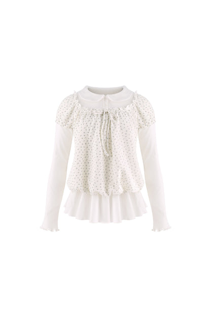 White Floral Layered-Look Top and Bubble Pants Set-Up