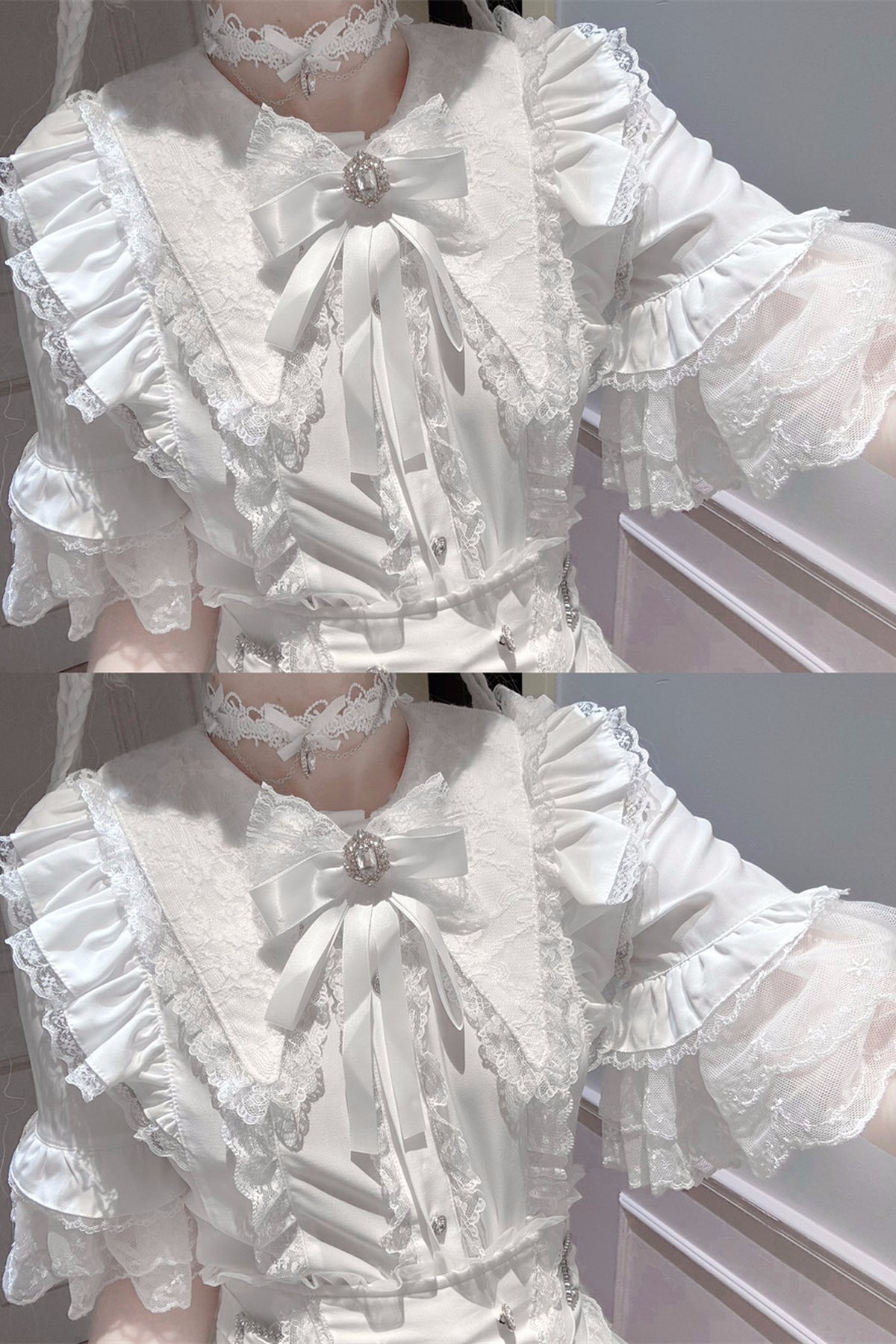 Cherry Short-Sleeved Lace Collar Shirt and Skirt Set-Up