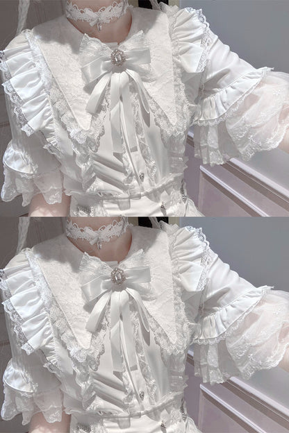 Cherry Short-Sleeved Lace Collar Shirt and Skirt Set-Up