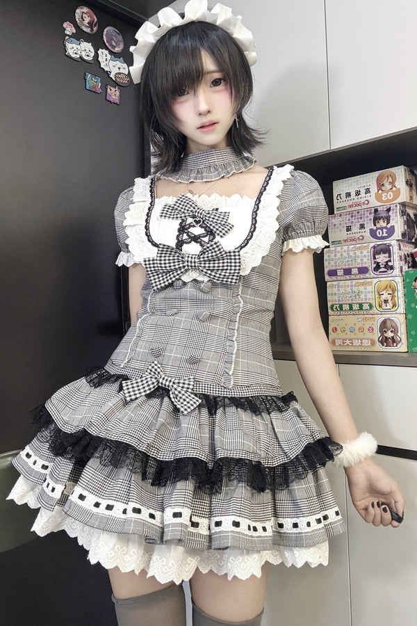 Lace Plaid Bow Cake Skirt Dress