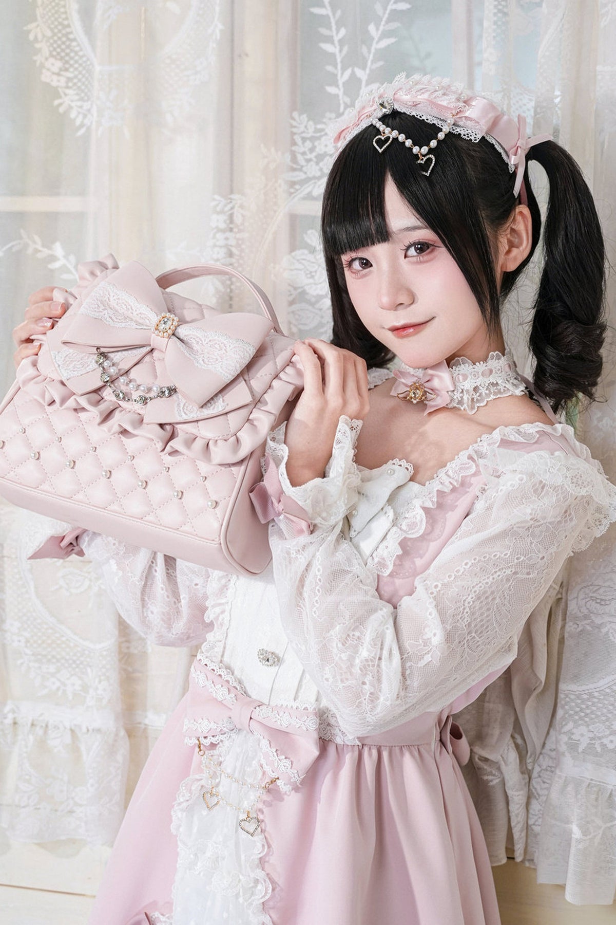 Lace Bow Dress With Hairband+Neck Ring