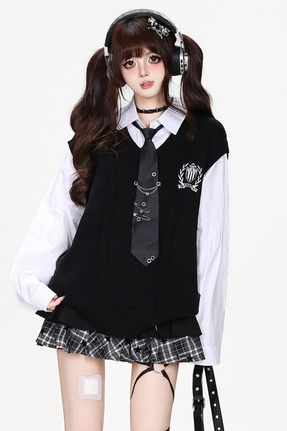 프레피 배지 자수 패치워크 조끼