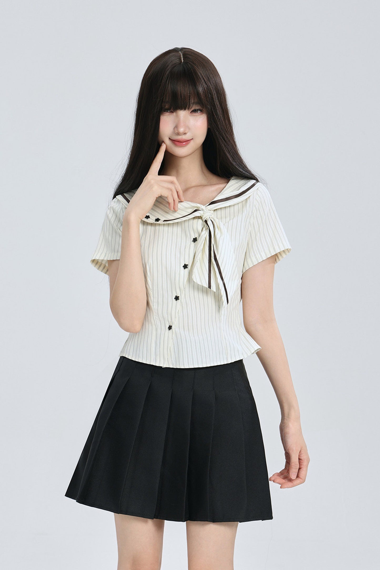 Striped Navy Collar Star Button Blouse