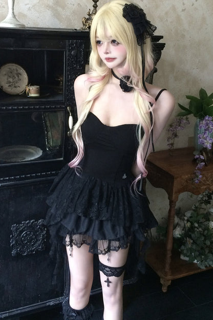Schwarzes Spitzen-Tube-Top-Kleid mit freiem Rücken und Bindeband