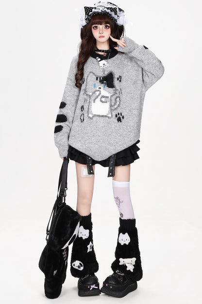 Cat Round-Neck Loose Knit Sweater