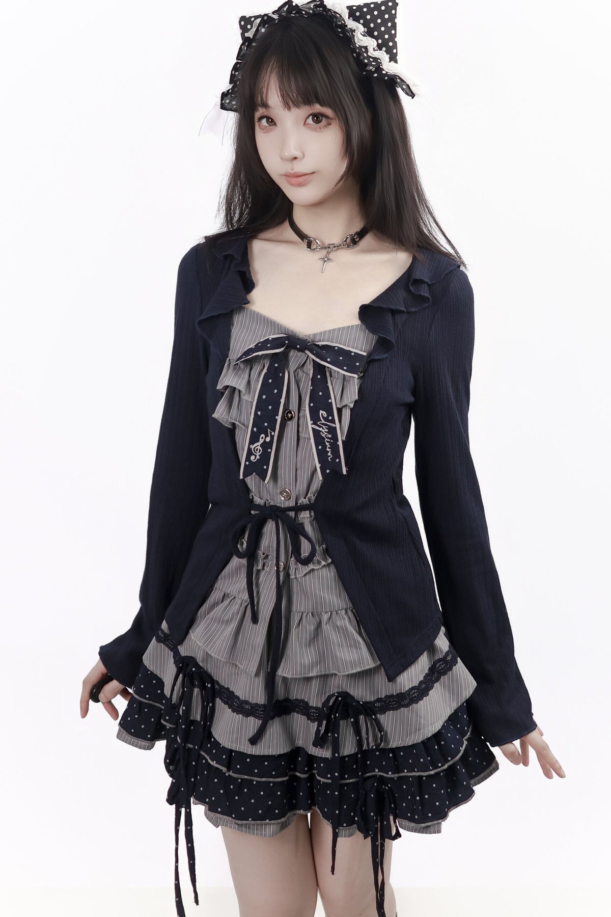 Polka Dot Waist-Cinching Layered-Look Top and Skirt Set-Up