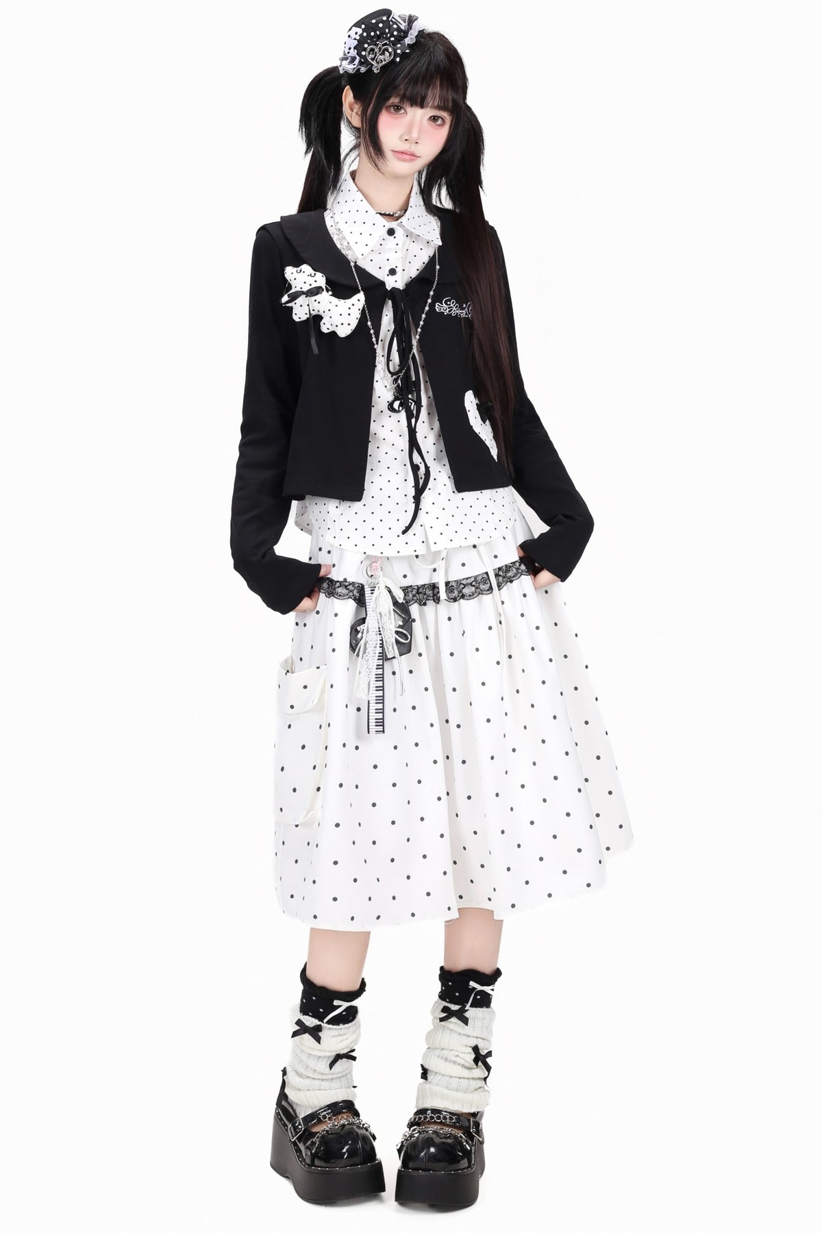 Polka Dot Lapel Shirt and Skirt Set-Up
