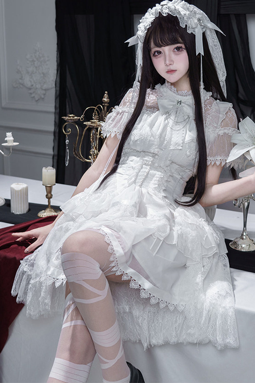 Gothic Short-Sleeve Tulle Waist Belt Dress Set-Up
