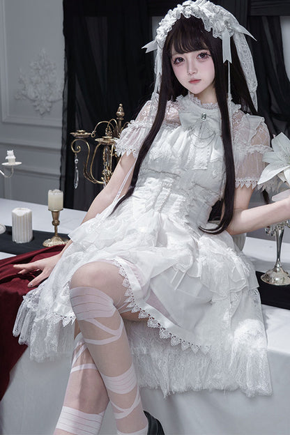 Gothic Short-Sleeve Tulle Waist Belt Dress Set-Up