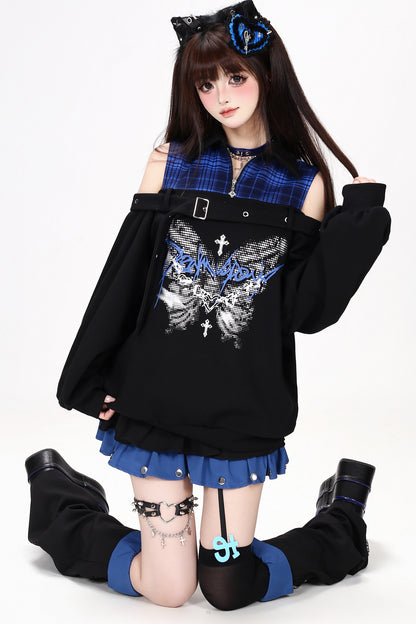 Plaid Butterfly Print Loose Sweatshirt