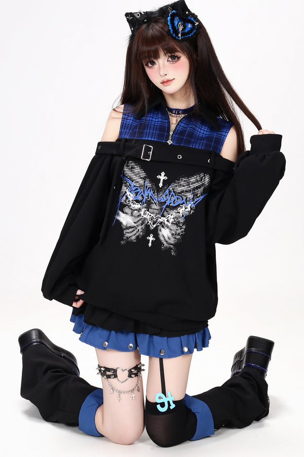 Plaid Butterfly Print Loose Sweatshirt
