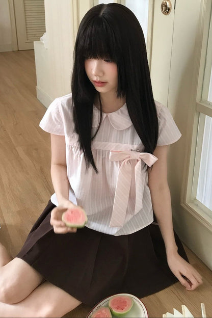 Loose Peach Textured Plaid Doll Shirt And Lace Dress Set-Up